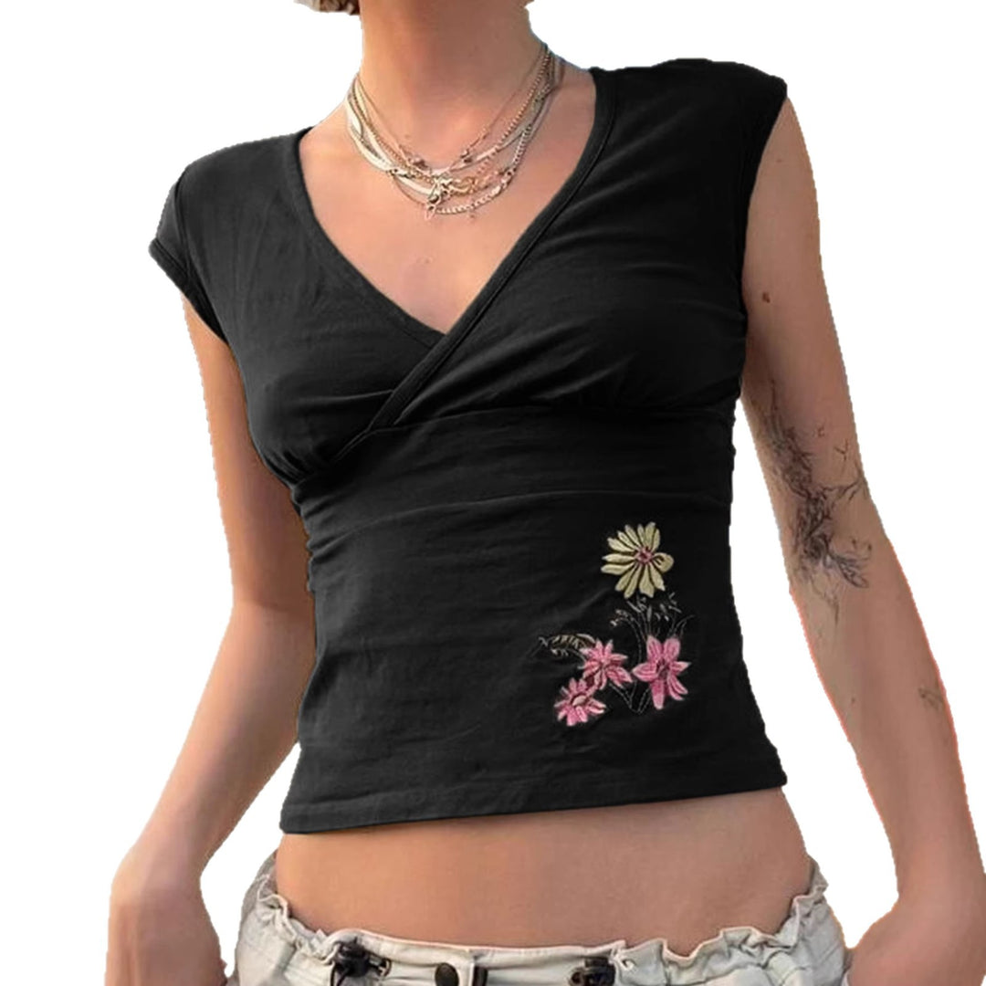 Damen figurbetontes Kurzarm-Shirt mit floralem Stickmuster Drune