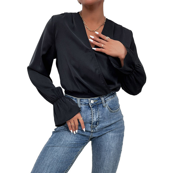 Damen eleganter Body mit V-Ausschnitt und voluminösen Ärmeln Drune