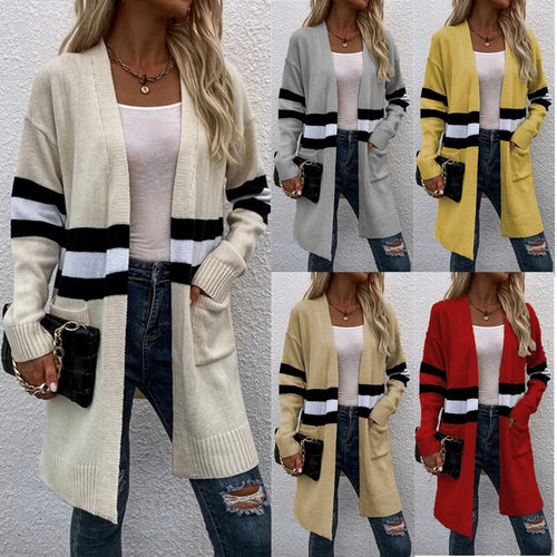 Damen Strickcardigan mit sportlichen Streifen und offenen Taschen Drune