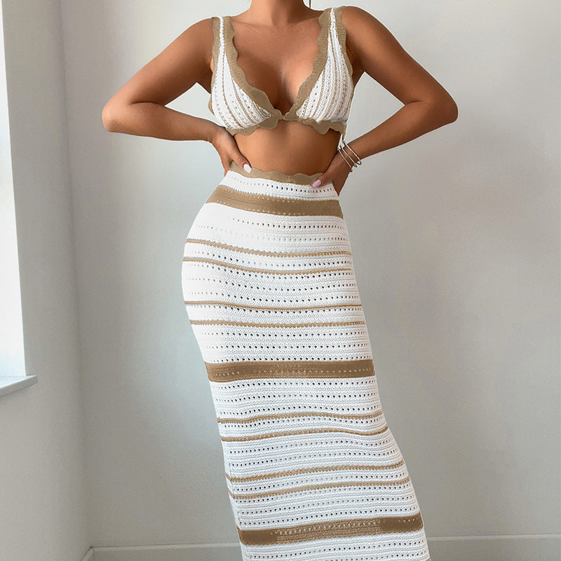 Damen Häkel-Crop-Top und Maxirock Set Drune