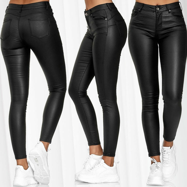 Damen glänzende High-Waist-Leggings im Lederlook Drune