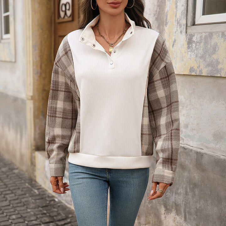 Damen modischer Sweatshirt mit Karomuster und Knopfdetails Drune