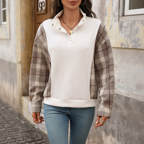 Damen modischer Sweatshirt mit Karomuster und Knopfdetails Drune