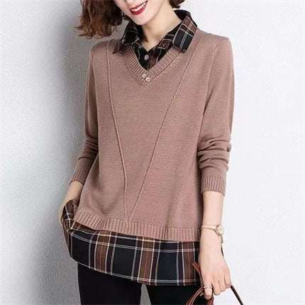Damen Layered Strickpullover mit V-Ausschnitt und trendy Hemdbluse Drune