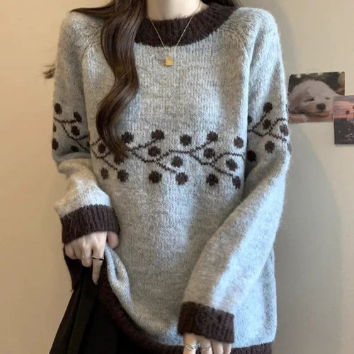 Damen Weicher Strickpullover mit floralem Muster und kontrastierenden Spitzen Drune