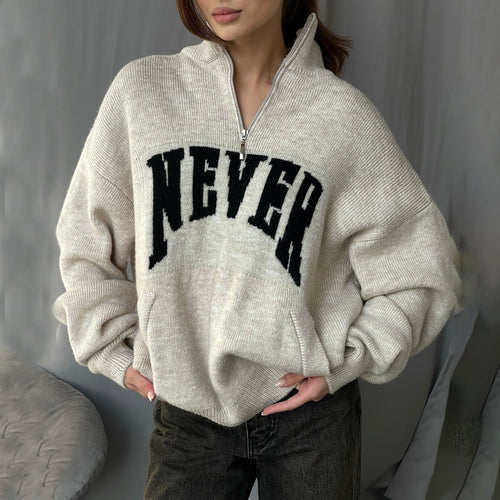 Damen lässiger Strickpullover mit halbem Reißverschluss und Statement-Print Drune