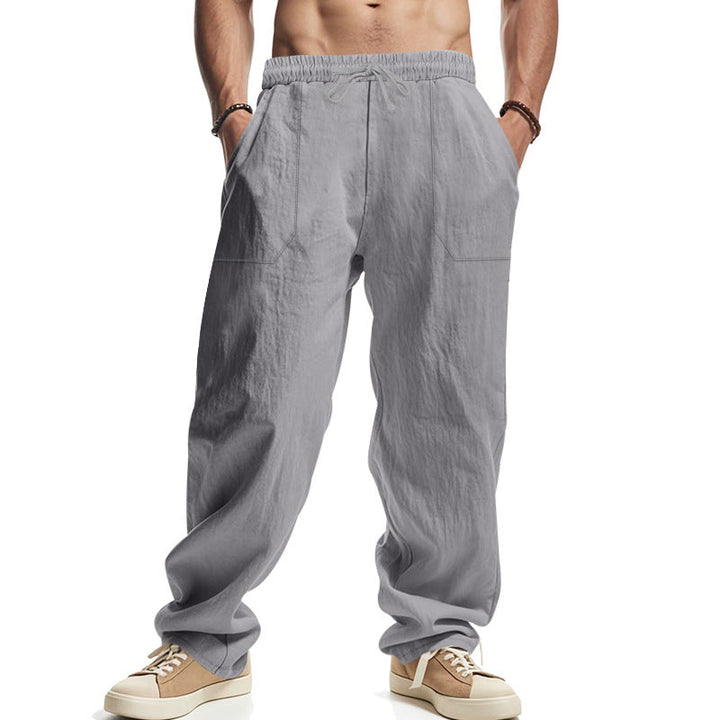 Herren nan lockere Leinenhose mit elastischem Bund, Tunnelzug und großen Eingrifftaschen Drune