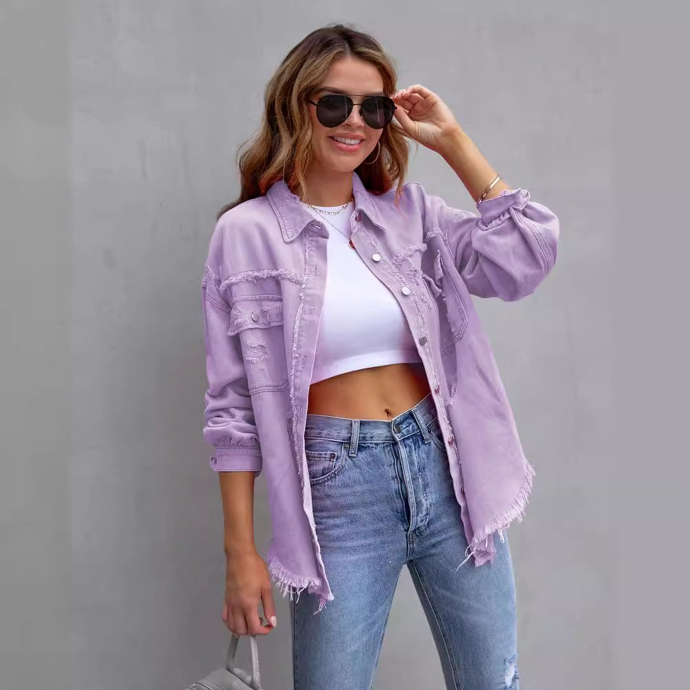 Damen stylische Oversized Jeansjacke mit distressed Effekt Drune