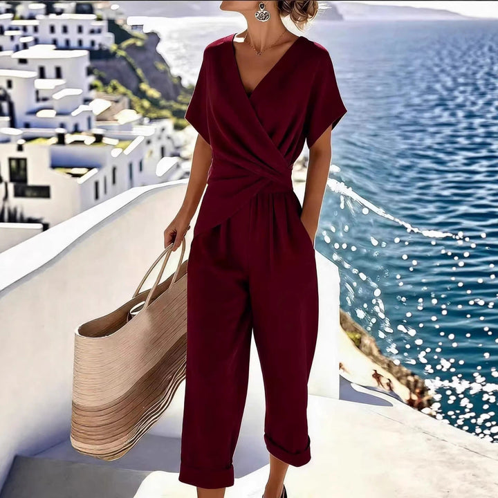 Damen Eleganter Jumpsuit mit Wickeloptik und breiten Beinen Drune