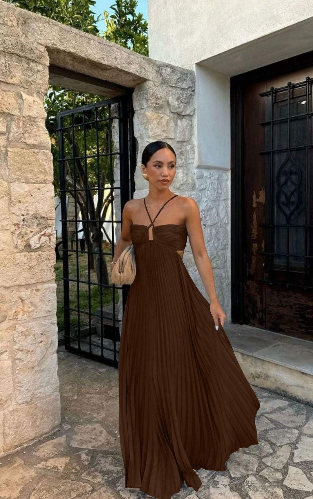 Damen Plisseekleid mit schulterfreiem Design und raffinierten Trägerdetails Drune