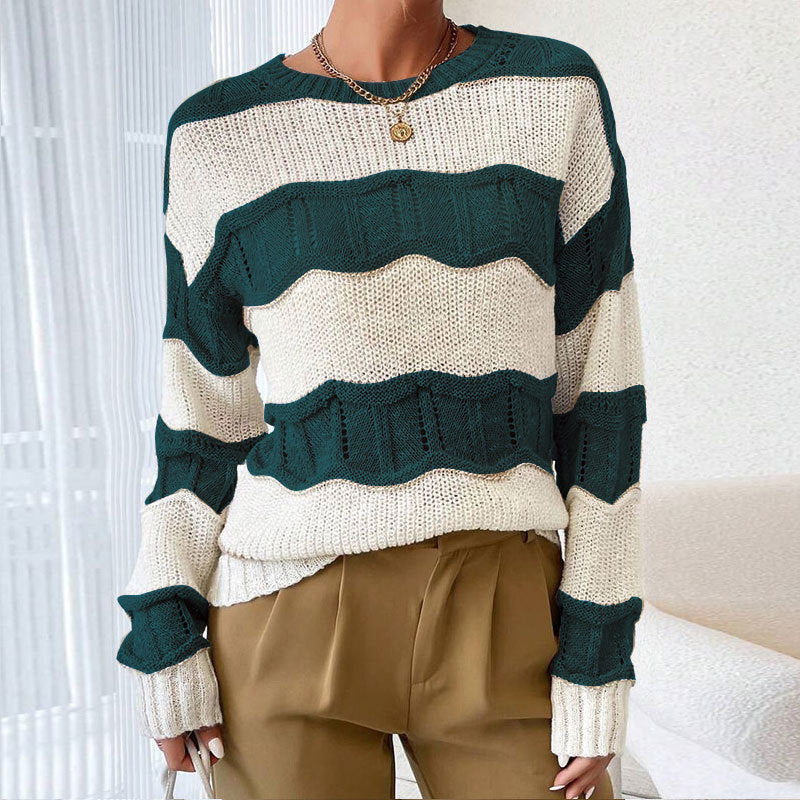 Damen lässiger Strickpullover mit Wellenstruktur und langen Ärmeln Drune