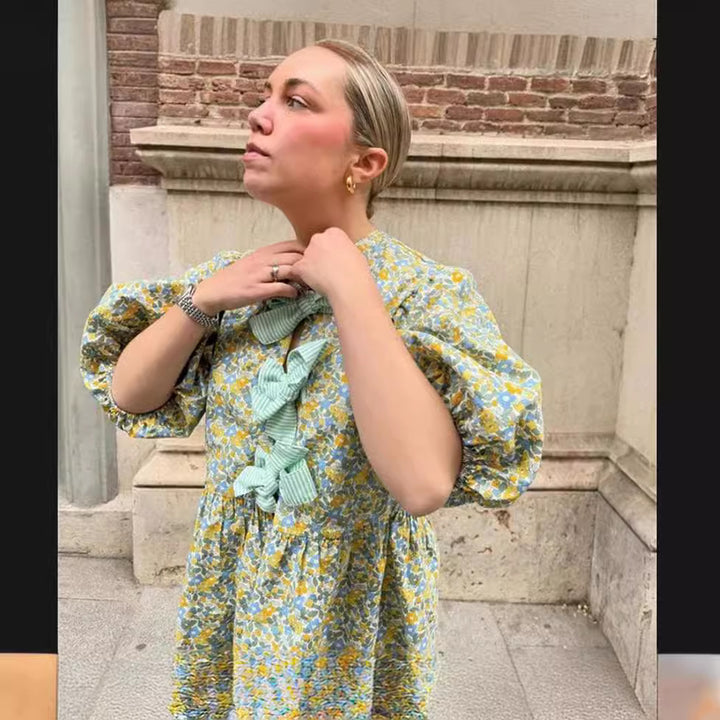 Damen Bluse mit voluminösen Ärmeln und floralen Mustern Drune