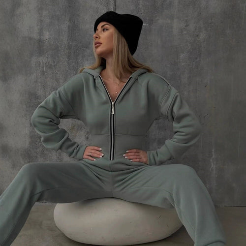 Damen Sportlicher Jumpsuit mit Reißverschluss und hohem Kragen Drune