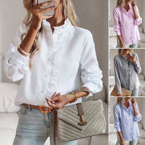 Damen Bluse mit Rüschendetails und Stehkragen Drune