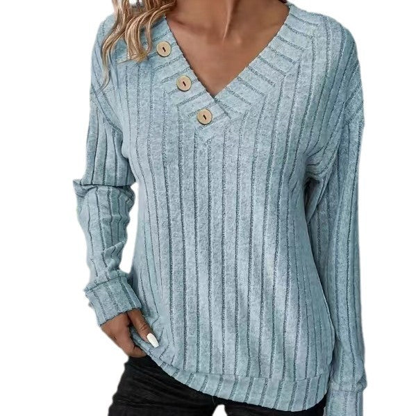 Damen lässiger V-Ausschnitt Pullover mit Knopfdetails und feinem Rippenmuster Drune
