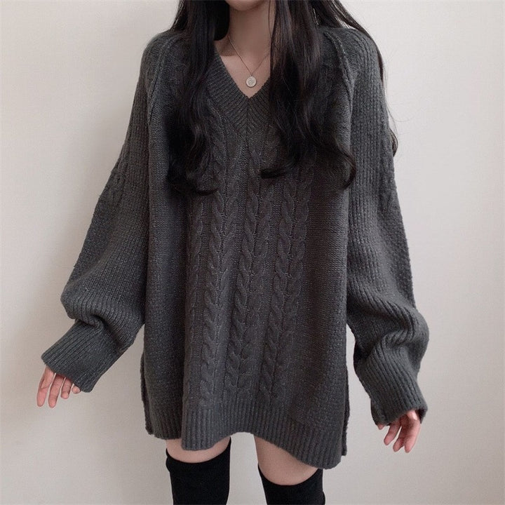 Damen Großer Strickpullover mit Zopfmuster und V-Ausschnitt Drune