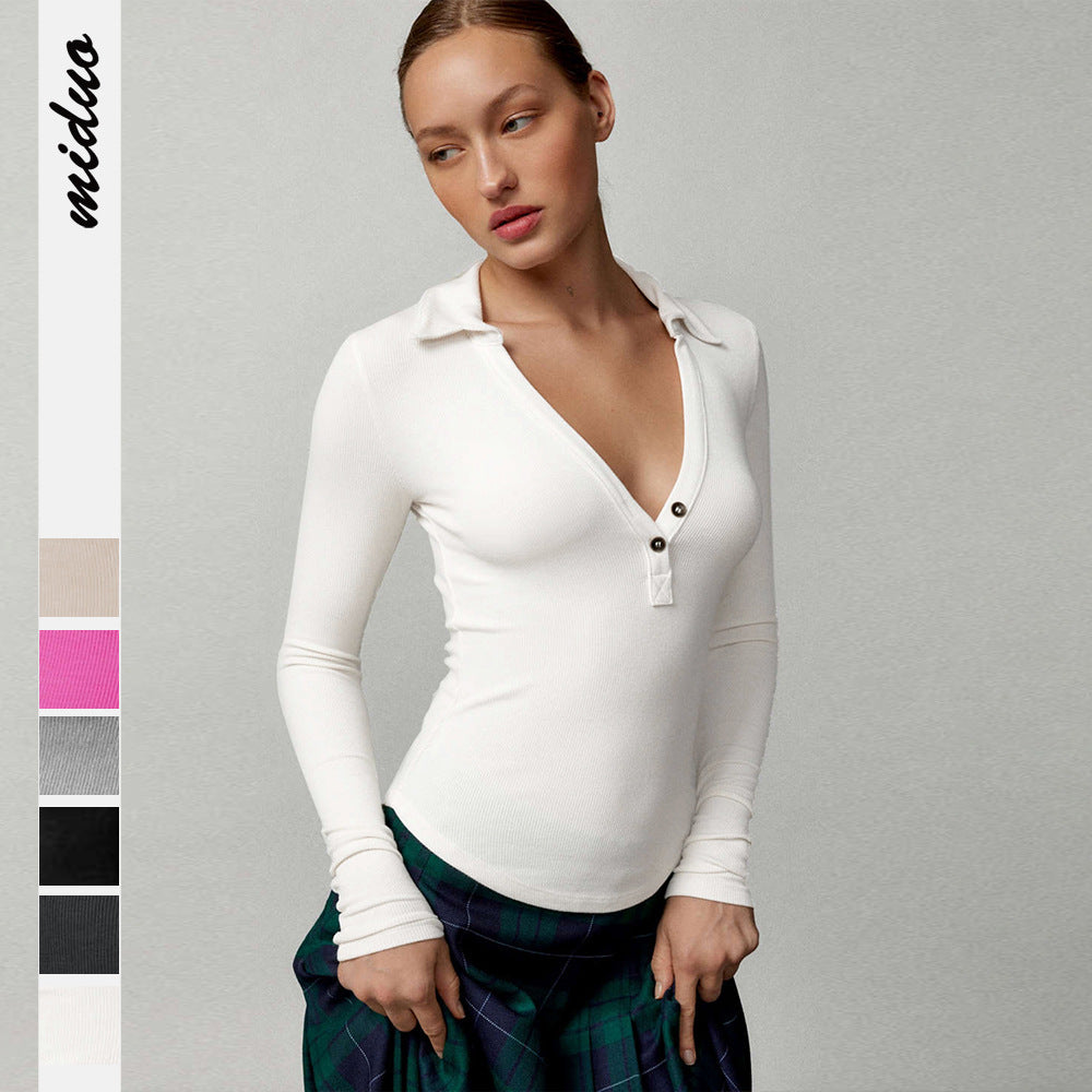 Damen Langarmshirt mit modischem Kragen und Knopfleiste Drune