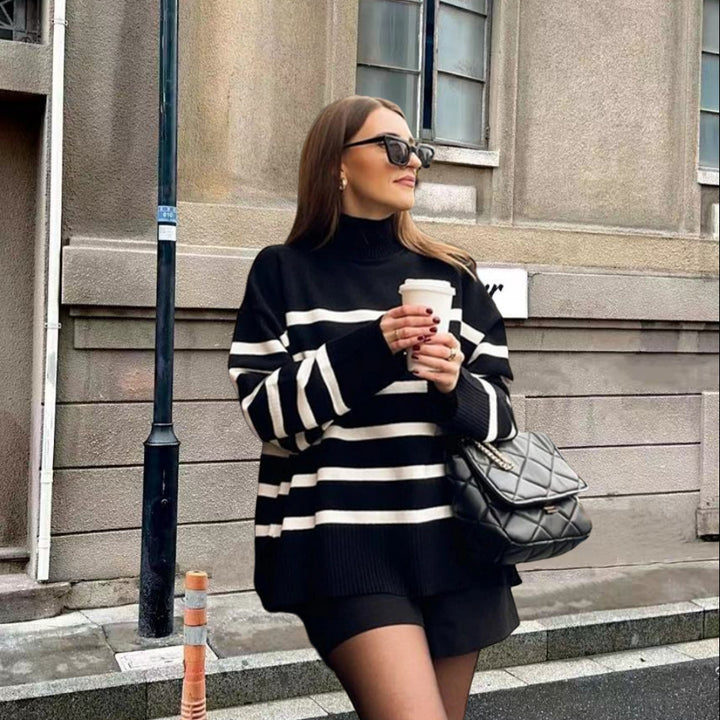 Damen Oversized Strickpullover mit hohem Kragen und trendigem Streifenmuster Drune