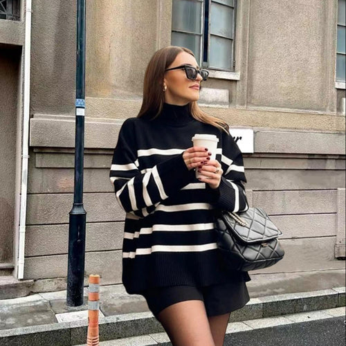 Damen Oversized Strickpullover mit hohem Kragen und trendigem Streifenmuster Drune