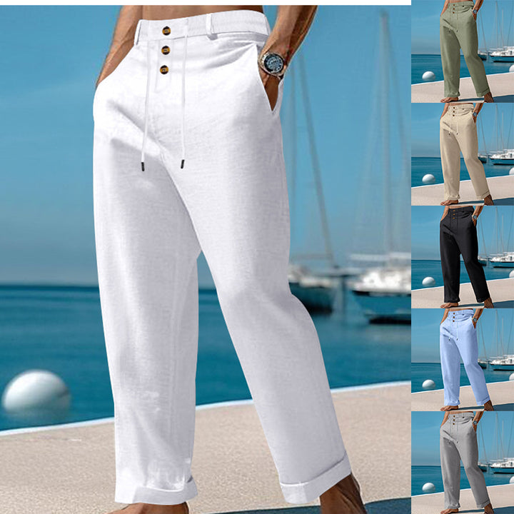 Herren nan weite Leinen-Relaxhose mit hoher Taillenblende, Kordelzug und Umschlag Drune
