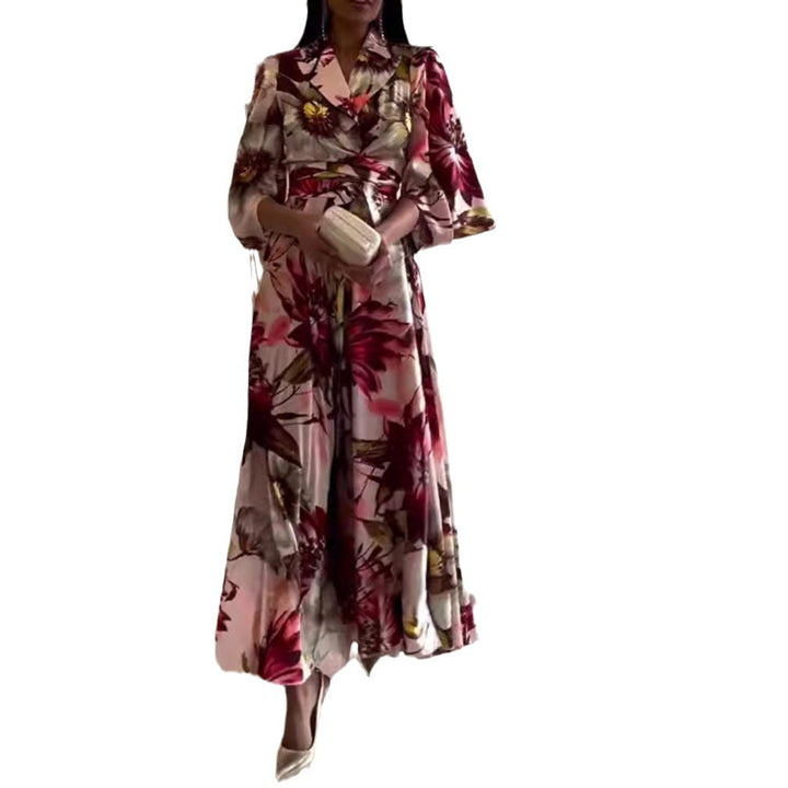 Damen elegantes Blumenkleid mit tailliertem Gürtel und weiten Ärmeln Drune