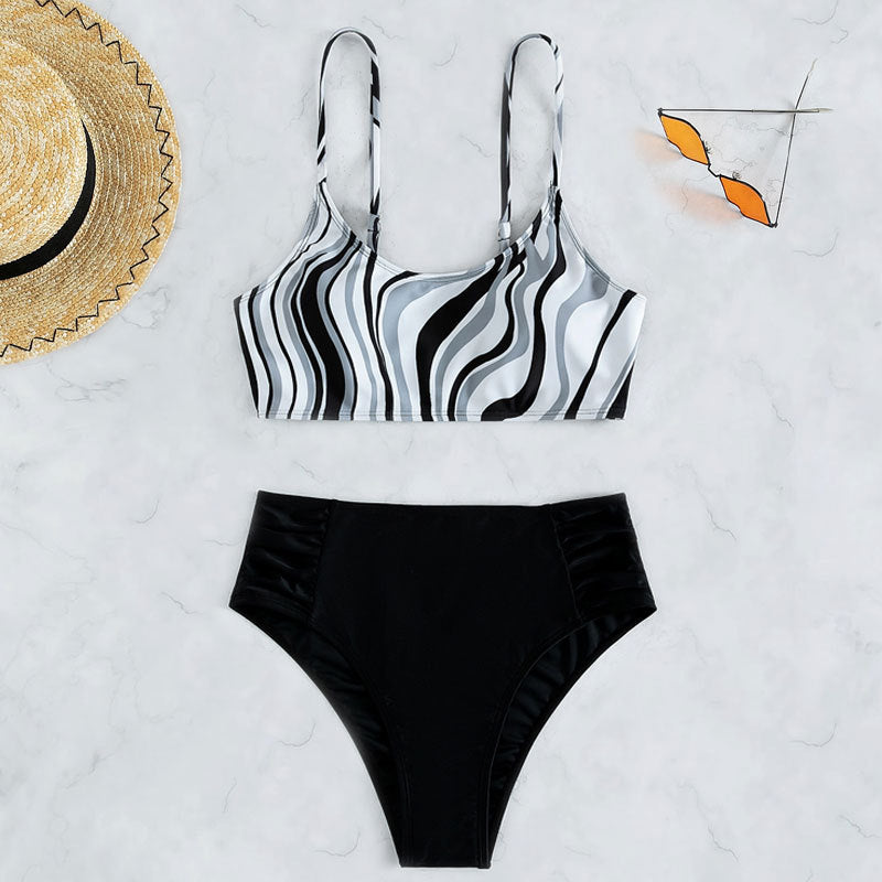 Damen Bikini-Set mit gestreiftem Oberteil und hohem Bund Drune
