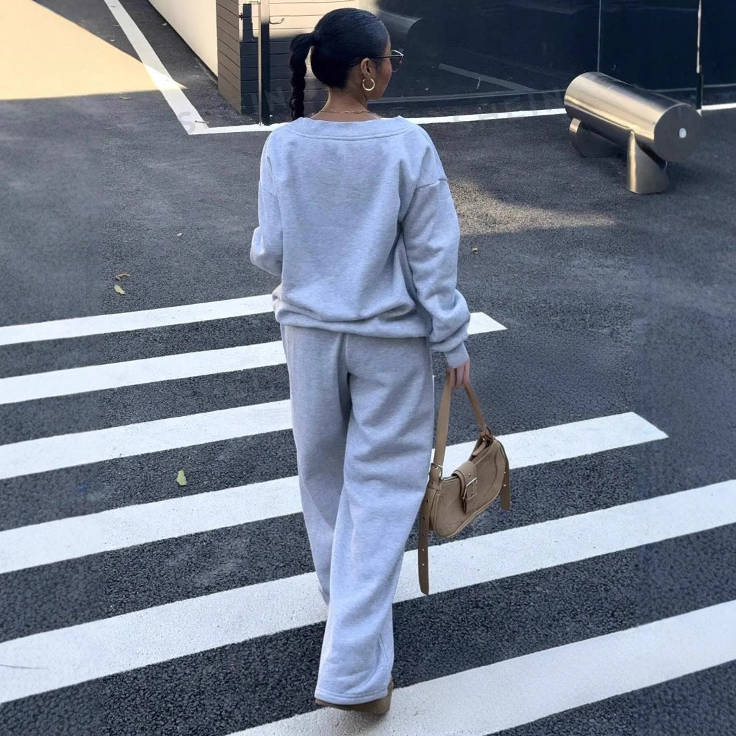 Damen lässiges V-Ausschnitt Sweatshirt und weite Jogginghose Drune