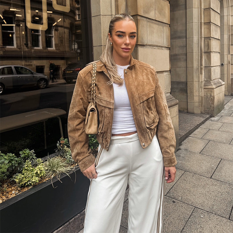 Damen Suede-Jacke im modernen Cropped-Style mit Taschen Drune