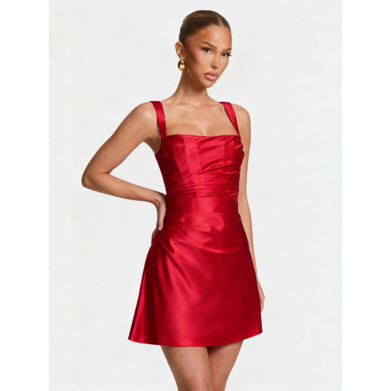 Damen Elegantes Satin-Minikleid mit breiten Schulterriemen Drune
