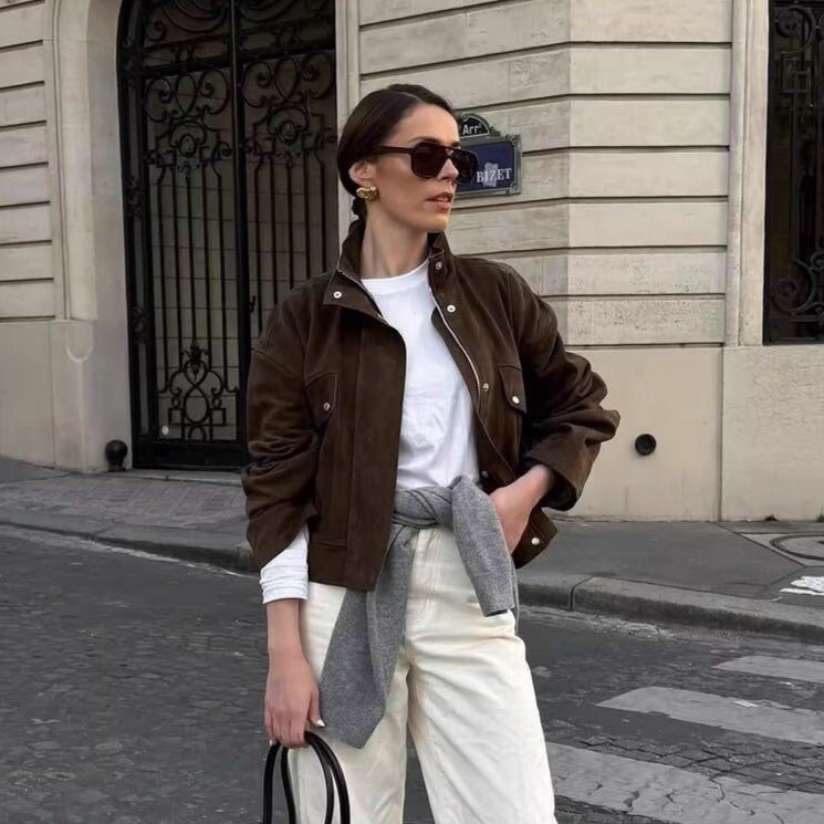 Damen nan kurze Oversize-Jacke in Wildlederoptik mit Stehkragen, aufgesetzten Pattentaschen und elastischem Bund Drune