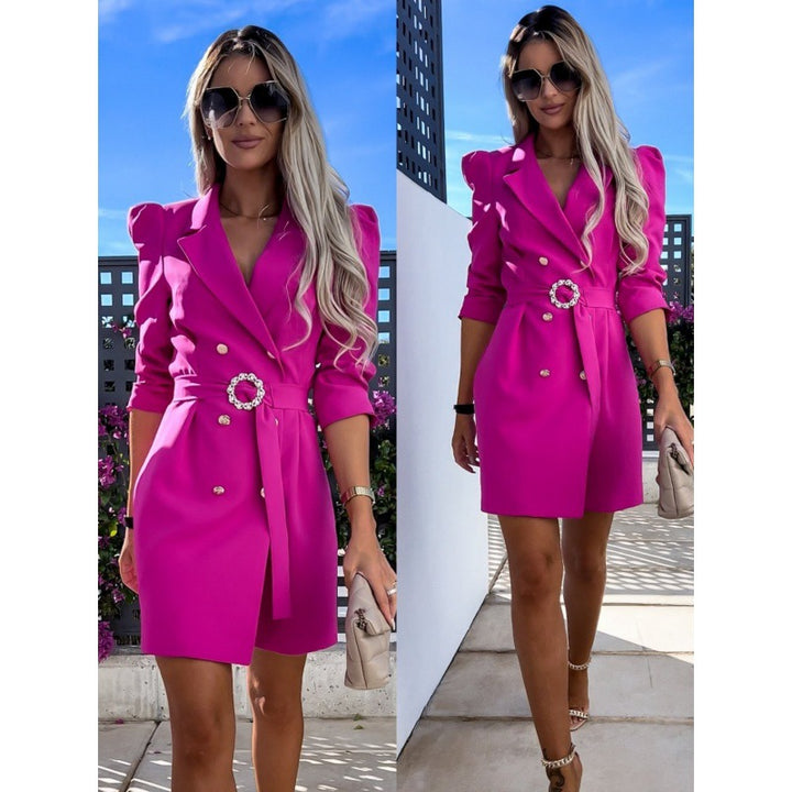 Damen elegantes Blazer-Kleid mit tailliertem Schnitt und dekorativer Brosche Drune