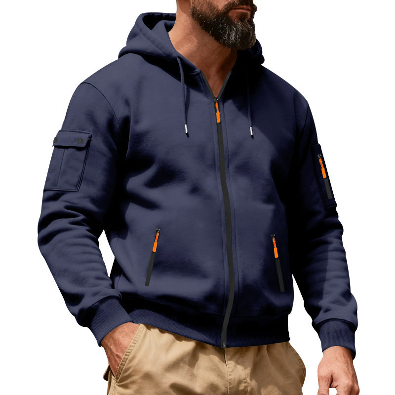 Herren nan Utility-Kapuzenjacke mit durchgehendem Reißverschluss, Arm-Cargo-Taschen und elastischen Bündchen Drune