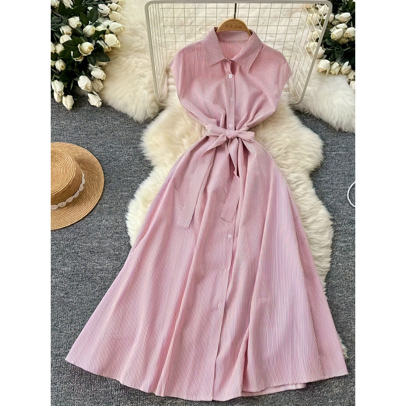 Damen Langarm Hemdblusenkleid mit Gürtel und gestreiftem Design Drune