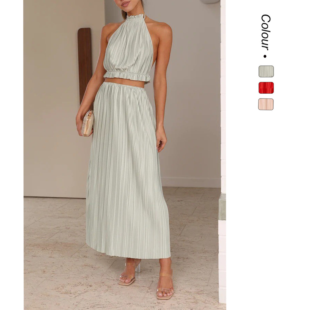 Damen Maxikleid mit ausdrucksvollem Faltenrock und modischem Halterneck Drune