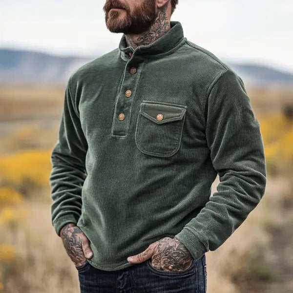 Herren Warmhaltendes Kord-Pullover mit Knopfleiste und Brusttasche Drune