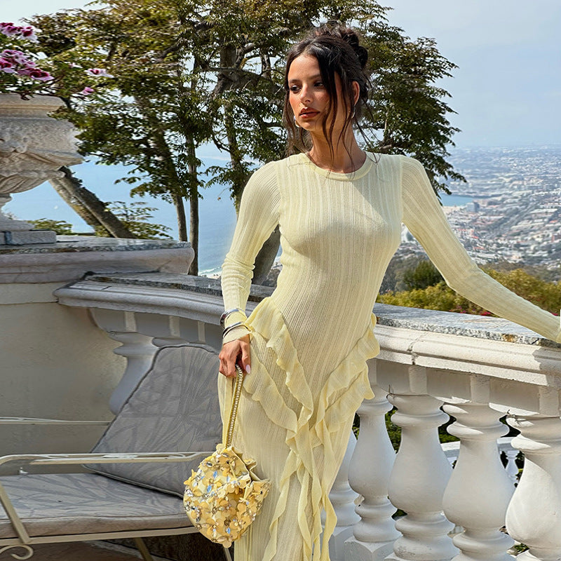 Damen Raffiniertes Langarmkleid mit Rüschendetails und bequemem Schnitt Drune