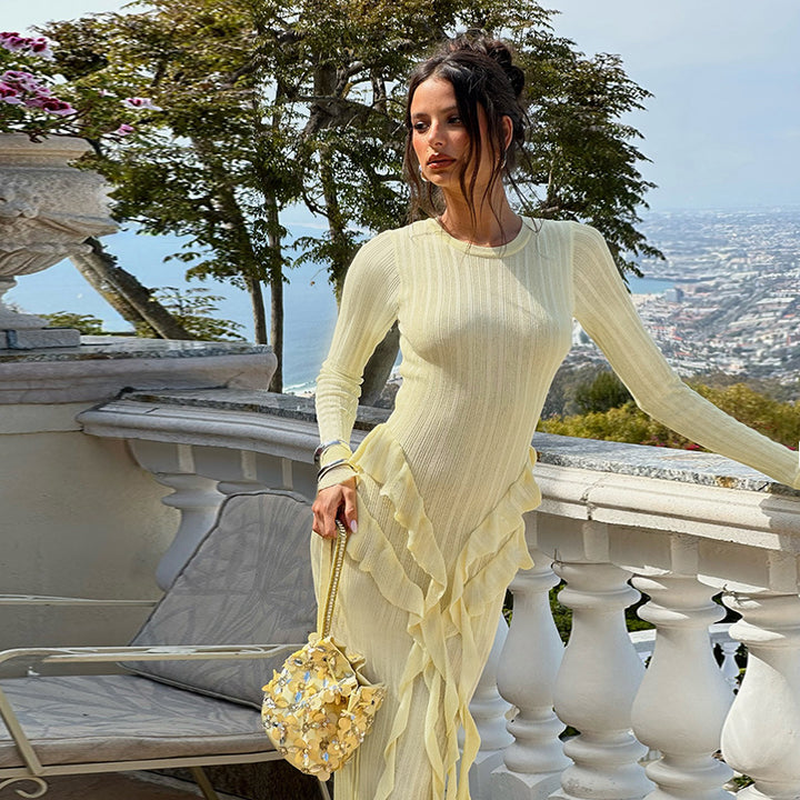 Damen Raffiniertes Langarmkleid mit Rüschendetails und bequemem Schnitt Drune