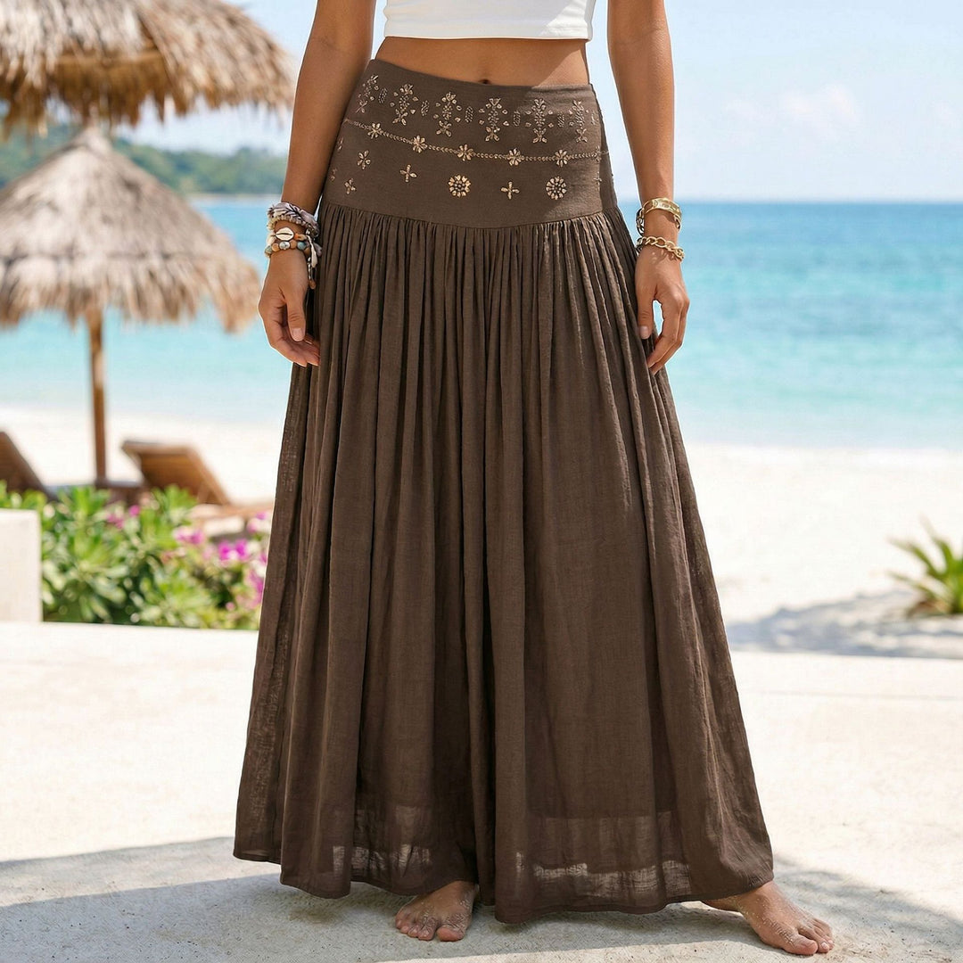 Damen nan maxi-Volantrock mit besticktem Bund und feinen Falten Drune