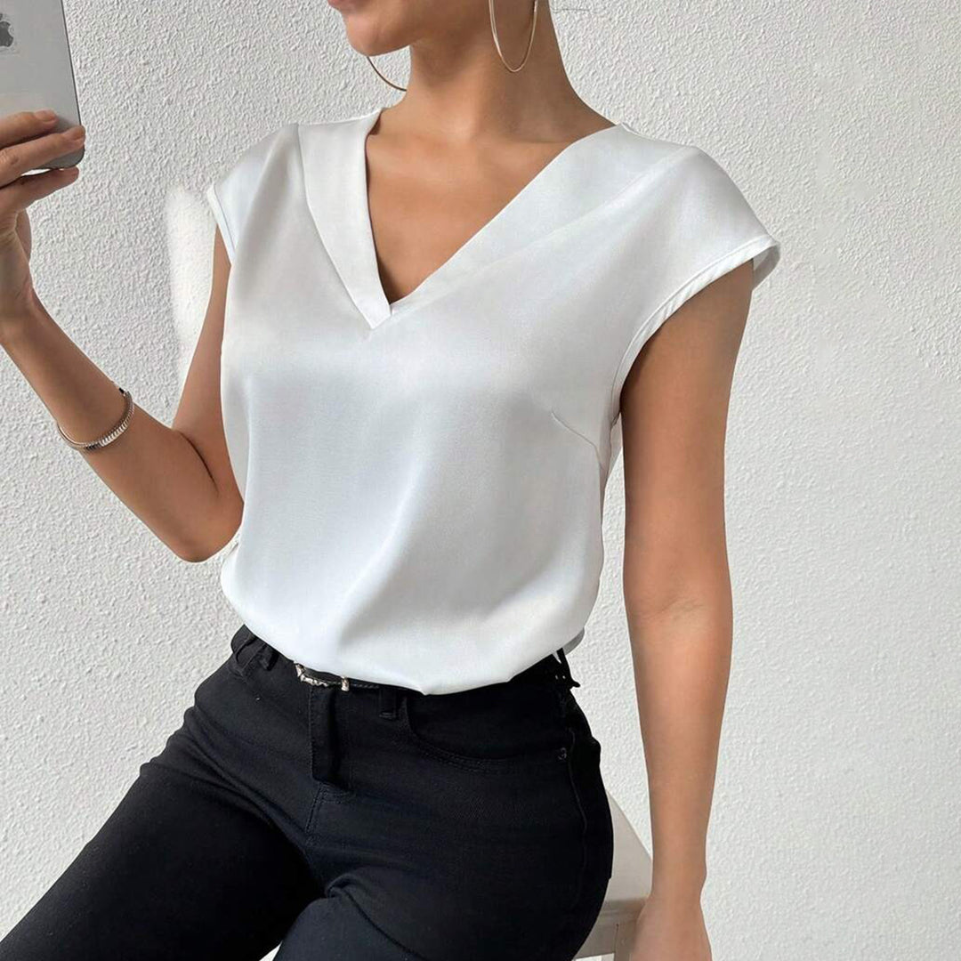 Damen Satinbluse mit modernem V-Ausschnitt und eleganten kurzen Ärmeln Drune