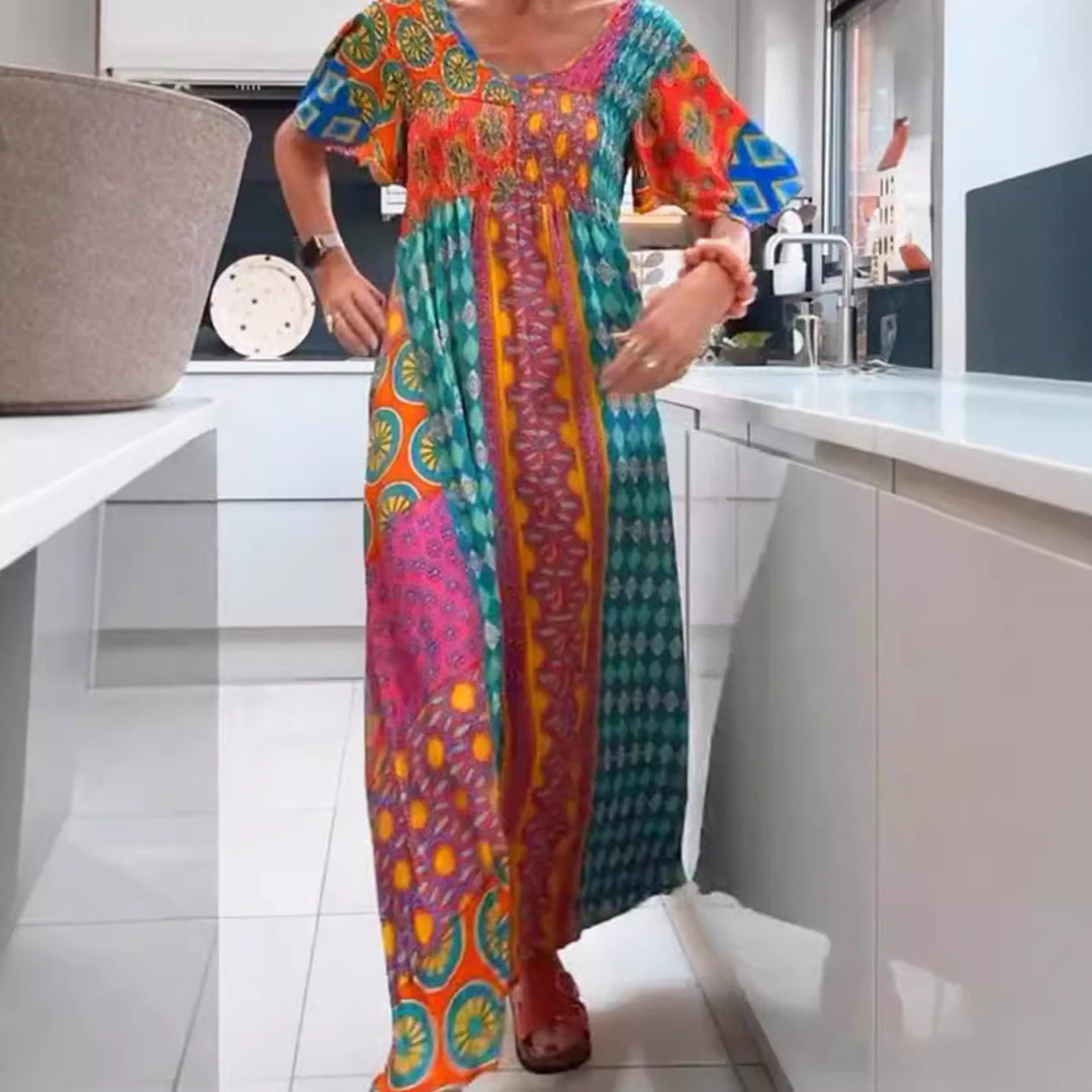 Damen nan Boho Maxikleid mit gesmoktem Oberteil und weitem Fließrock Drune