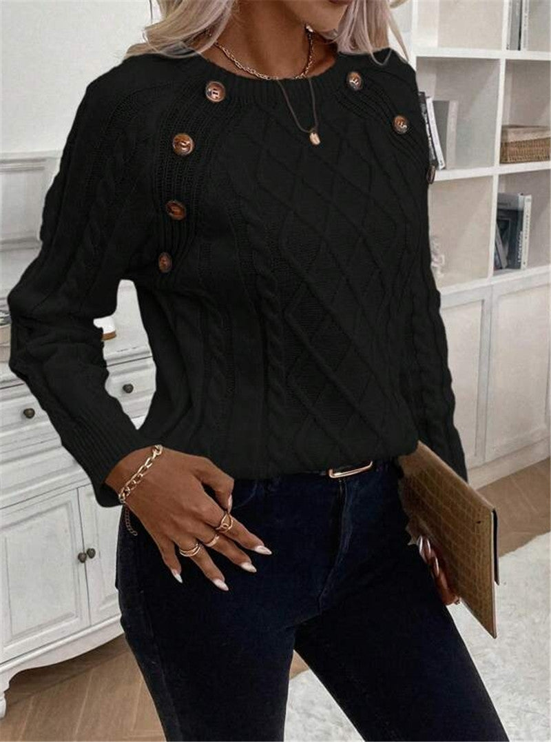 Damen Strickpullover mit strukturiertem Rautenmuster und dekorativen Knöpfen Drune
