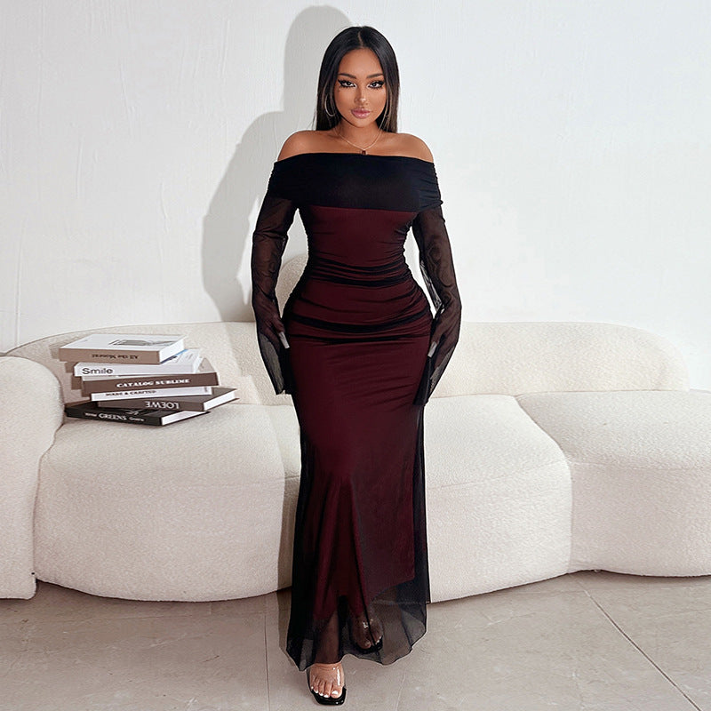 Damen Maxikleid mit schulterfreiem Oberteil und Rüschendetails Drune