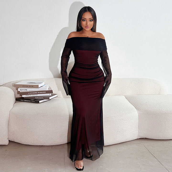 Damen Maxikleid mit schulterfreiem Oberteil und Rüschendetails Drune