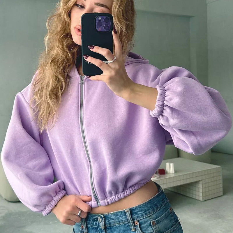 Damen cropped Kapuzenpullover mit voluminösen Ärmeln Drune