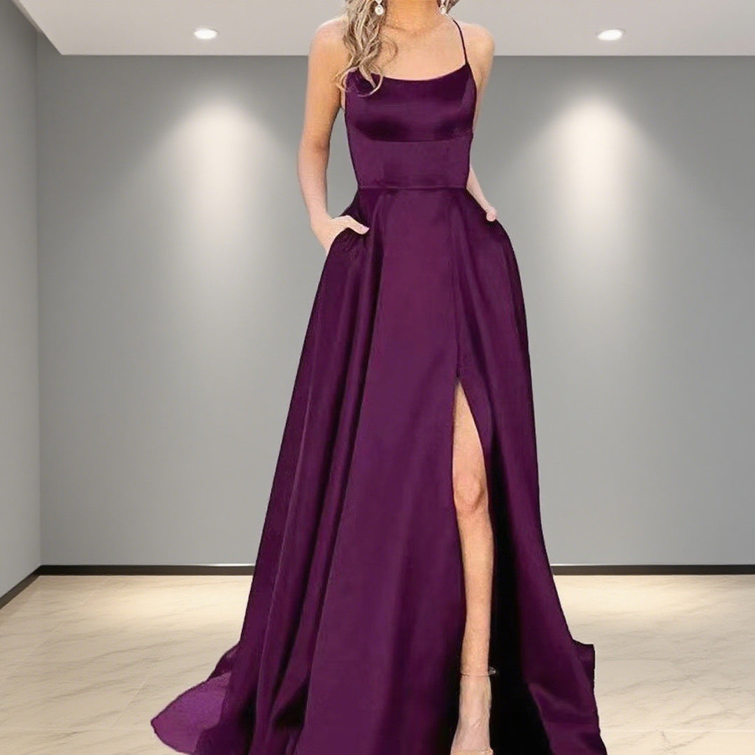 Damen Elegantes Abendkleid mit seitlichem Schlitz und schmalen Spaghetti-Trägern Drune