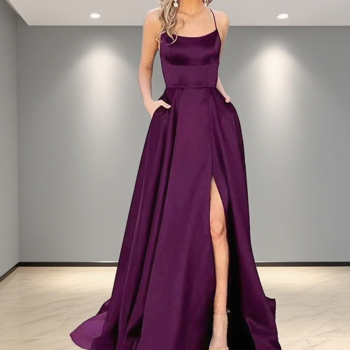 Damen Elegantes Abendkleid mit seitlichem Schlitz und schmalen Spaghetti-Trägern Drune
