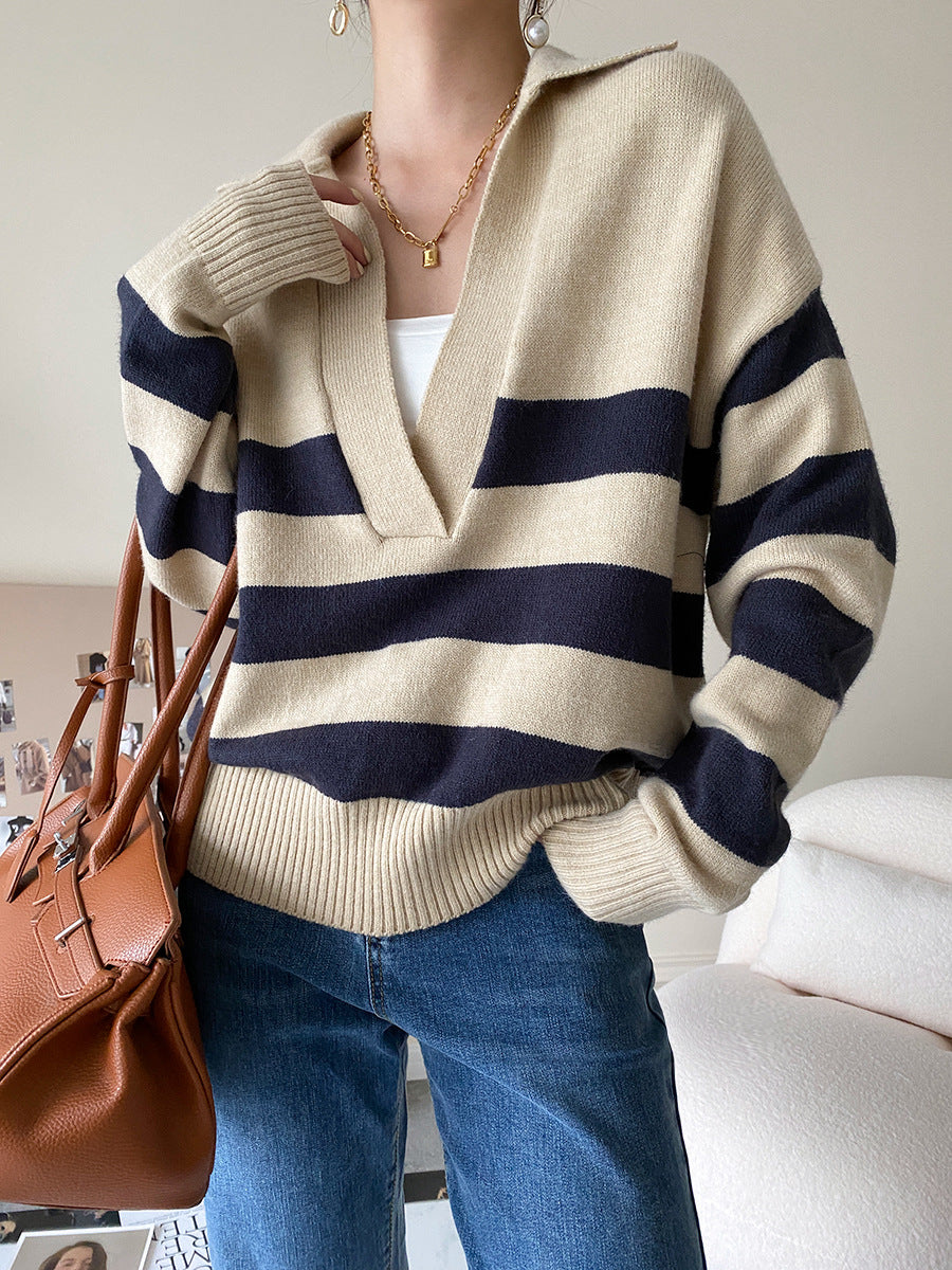 Damen lässiger Strickpullover mit V-Ausschnitt und asymmetrischem Streifenmuster Drune