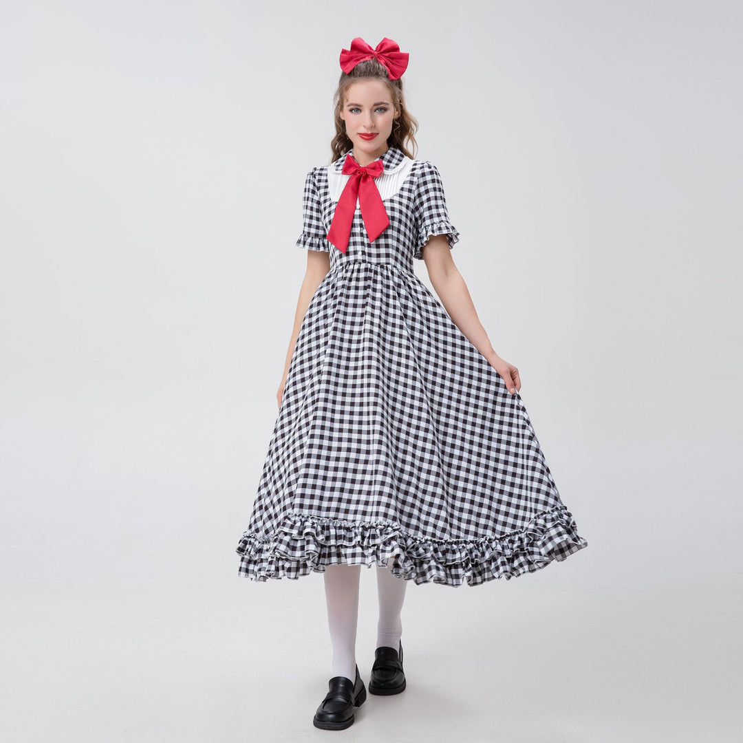 Damen nan Vintage-inspiriertes Karo-Swingkleid mit abnehmbarer Schürze, Rüschenärmeln und Schleifenkragen Drune