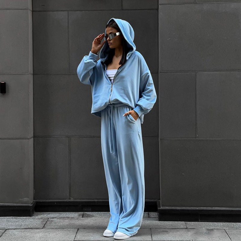 Damen nan luxuriöses Velours-Zweiteiler Set mit kurzem Reißverschluss-Hoodie und weiten Highwaist-Loungehosen Drune