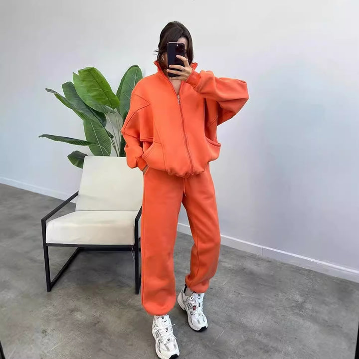 Damen bequemer und stilvoller Zip-Hoodie mit passenden Jogginghosen Drune